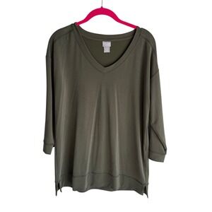 CHICO'S ZENERGY Olive Green 3/4 Sleeve V-Neck Ladies Top, 4/6